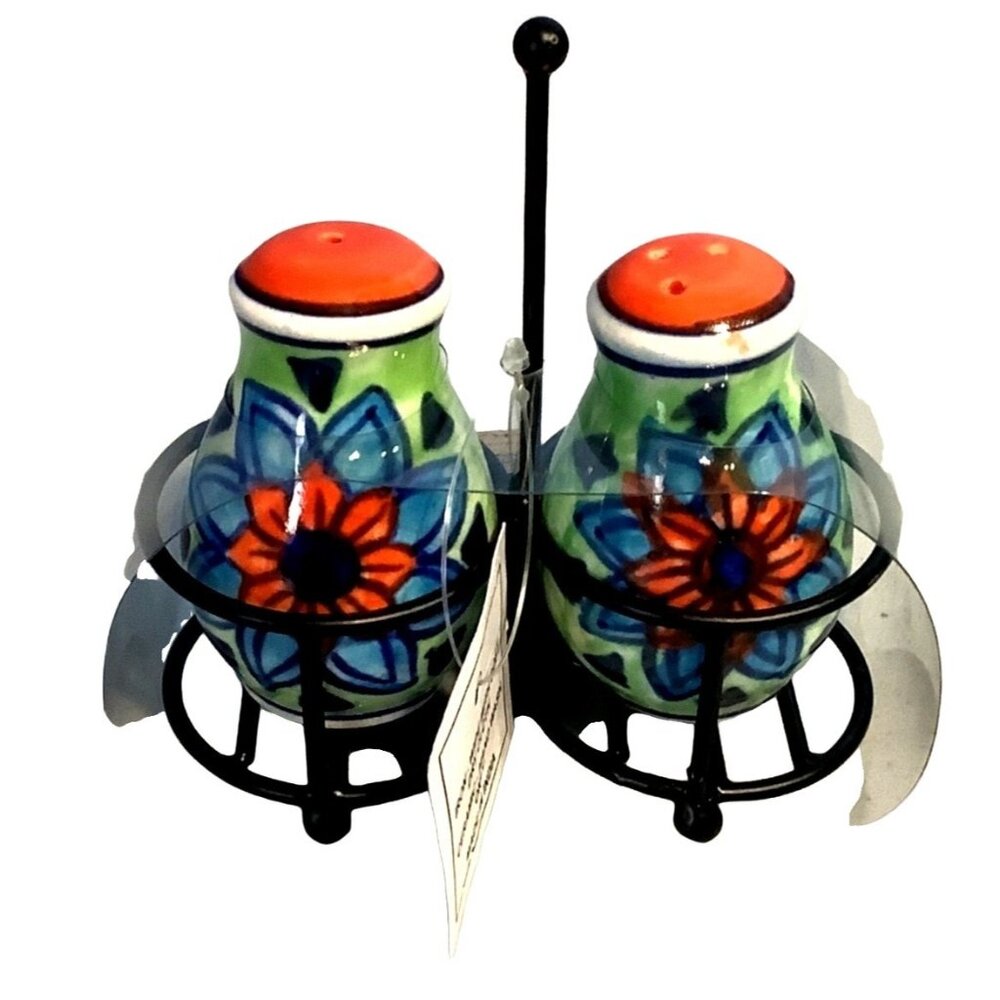 Salt and Pepper Shaker Hand Painted Iron Holder Handcrafted India Ceramic - Picture 3 of 7